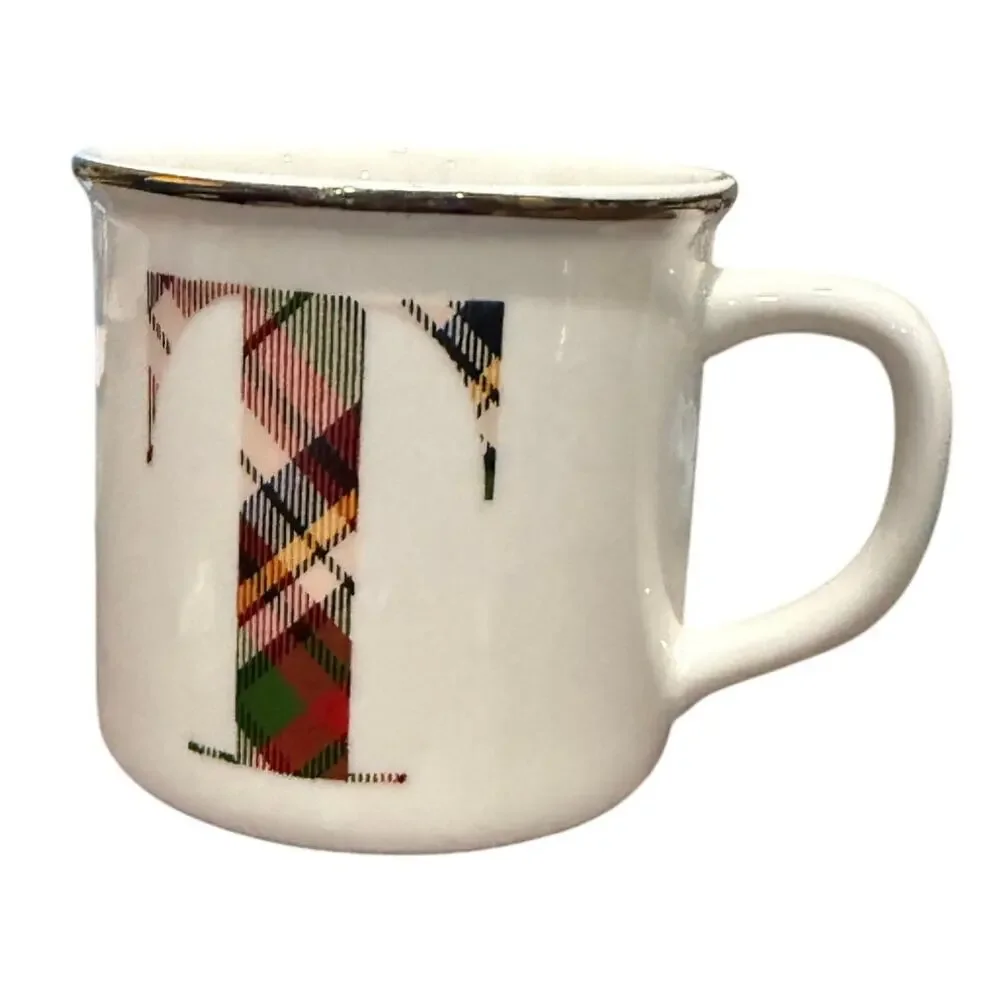 Pottery Barn Stewart Plaid Coffee Tea Mug Letter T Monogram 16oz Ceramic Holiday